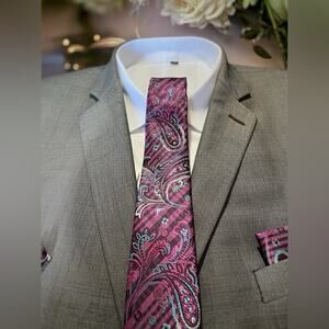 Tie Set 3 piece  Purple Fuschia tie + pocket square + cuffs 57.75”x3.25”